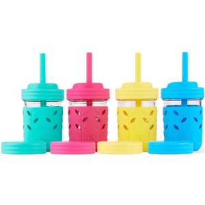 Elk and Friends Kids + Toddler Glass Cups | The Original 8oz Glass Mason Jar with Sleeves + Lids | Silicone Straws + Stopper | Smoothie Cup | Food Storage | Spill Resistant | Dishwasher Safe | 4 Pack (Pink/Teal/Blue/Yellow)