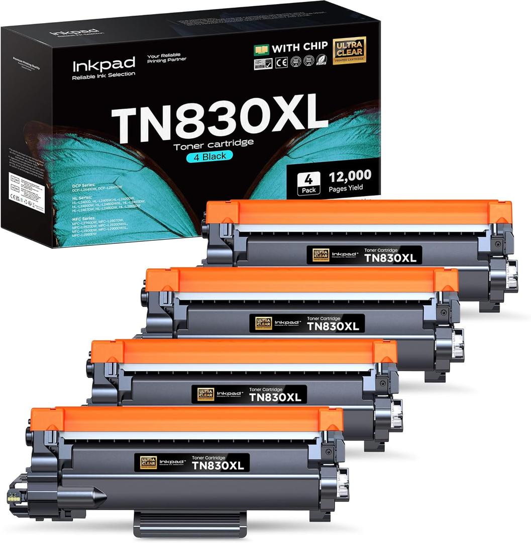 TN830XL Toner Cartridges 4 Pack (with Chip) Replacement for Brother TN 830 XL TN830 XL/V/R Toner Cartridge Compatible with HL-L2460DW DCP-L2640DW HL-L2400D HL-L2405W HL-L2460DWXL Printers (Black)