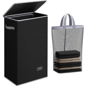SOLEDI Slim Laundry Hamper with Lid, Narrow Laundry Basket with Removable Bags, Dirty Clothes Hamper with handle, Small Hamper perfect for Laundry room, Bathroom, Bedroom, Small spaces. 70L Black