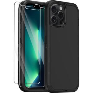 Annymall for iPhone 13 Pro Case with 2 Screen Protector,Shockproof Drop Protection Full Body Heavy Duty 3 Layer Military Rugged Durable Phone Cover for Apple iPhone 13 Pro 6.1" (Black)