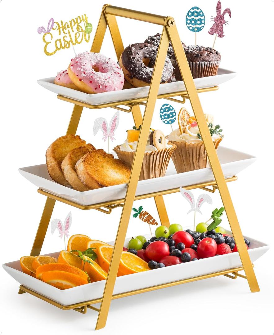 YHOSSEUN 3 Tier Serving Tray, Porcelain Tiered Tray Stand, 10+12+14 Inch Serving Platters and Trays with Collapsible Sturdier Rack, 3 Tiered Serving Stand Dessert Stands Treat Table Display Set, Gold