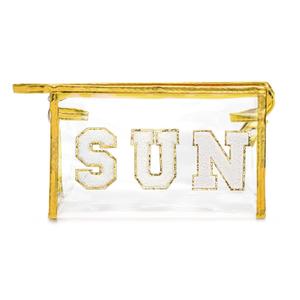 Y1tvei Gold SUN Preppy Patch Varsity Letter Cosmetic Toiletry Bag Transparent PVC Zipper Swimming Pool Makeup Bag Daily Use Clutch Purse Portable Waterproof Travel Organizer Bag for Women Girls Teens