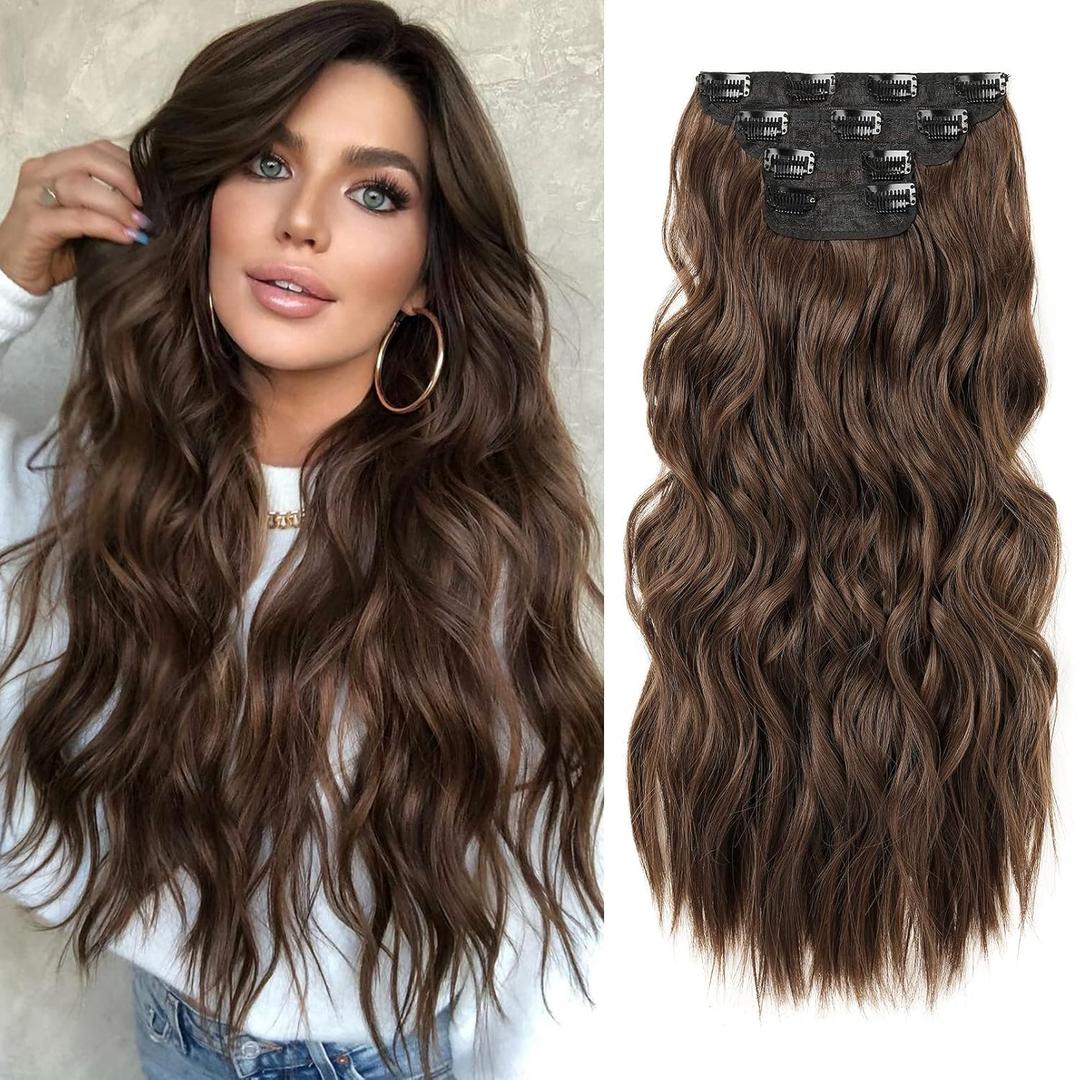 REECHO Hair Extensions, 4PCS Clip in Hair Extensions HE001 Natural Soft Synthetic Hairpieces for Women, Chocolate Brown REECHO Hair Extensions, 4PCS Clip in Hair Extensions HE001 Natural Soft Synthetic Hairpieces for Women, Chocolate Brown