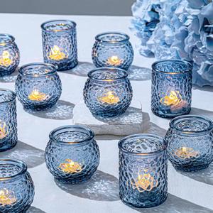 WELLIFE 24-Piece Blue Glass Votive Candle Holders Set  Tealight Candle Holder Glass Bulk with 12 Round & 12 Hammered Textured Cups, Blue Votive Candle Holders for Weddings, Parties, Home