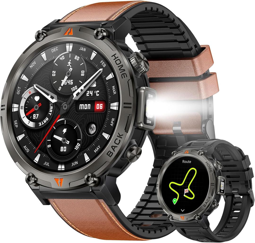 Military Smart Watches for Men Built-in GPS with LED Flashlight Compass, 3ATM Waterproof Rugged Tactical Smartwatch with Text and Call, 1.45" HD Fitness Tracker with HR SPO2 Monitor for iPhone Android (Brown Leather)