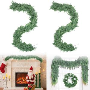 9FT Artificial Christmas Garland (2-Pack), Realistic Norfolk Pine & Cedar Greenery, Thick and Lush Christmas Tree Garland for Staircase, Mantle, Fireplace, Indoor Outdoor Decor