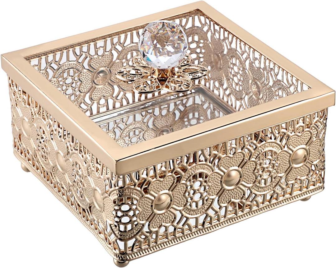 Hipiwe Vintage Gold Jewelry Box with Glass Lid Mirrored Trinket Box Square Hollow Out Metal Decorative Box for Rings Earrings Antique Treasure Chest Box Keepsake Box Gift for Women (Large)