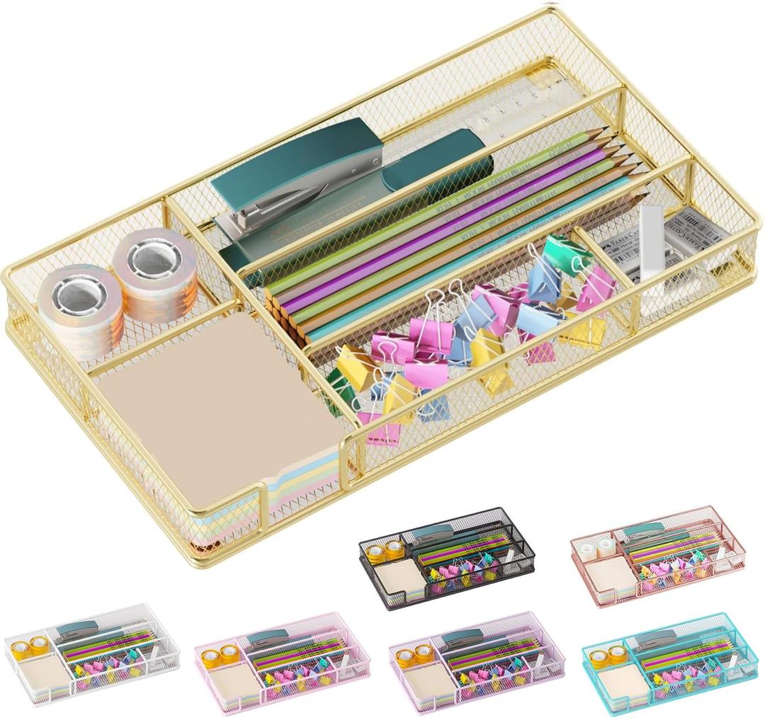 Desk Drawer Organizer Tray, Mesh Desk Organizer, Office Drawer Organizer, Desk Accessories & Workspace Organizers, Suitable for Tools, Pencils, Office Supplies Storage (Gold)