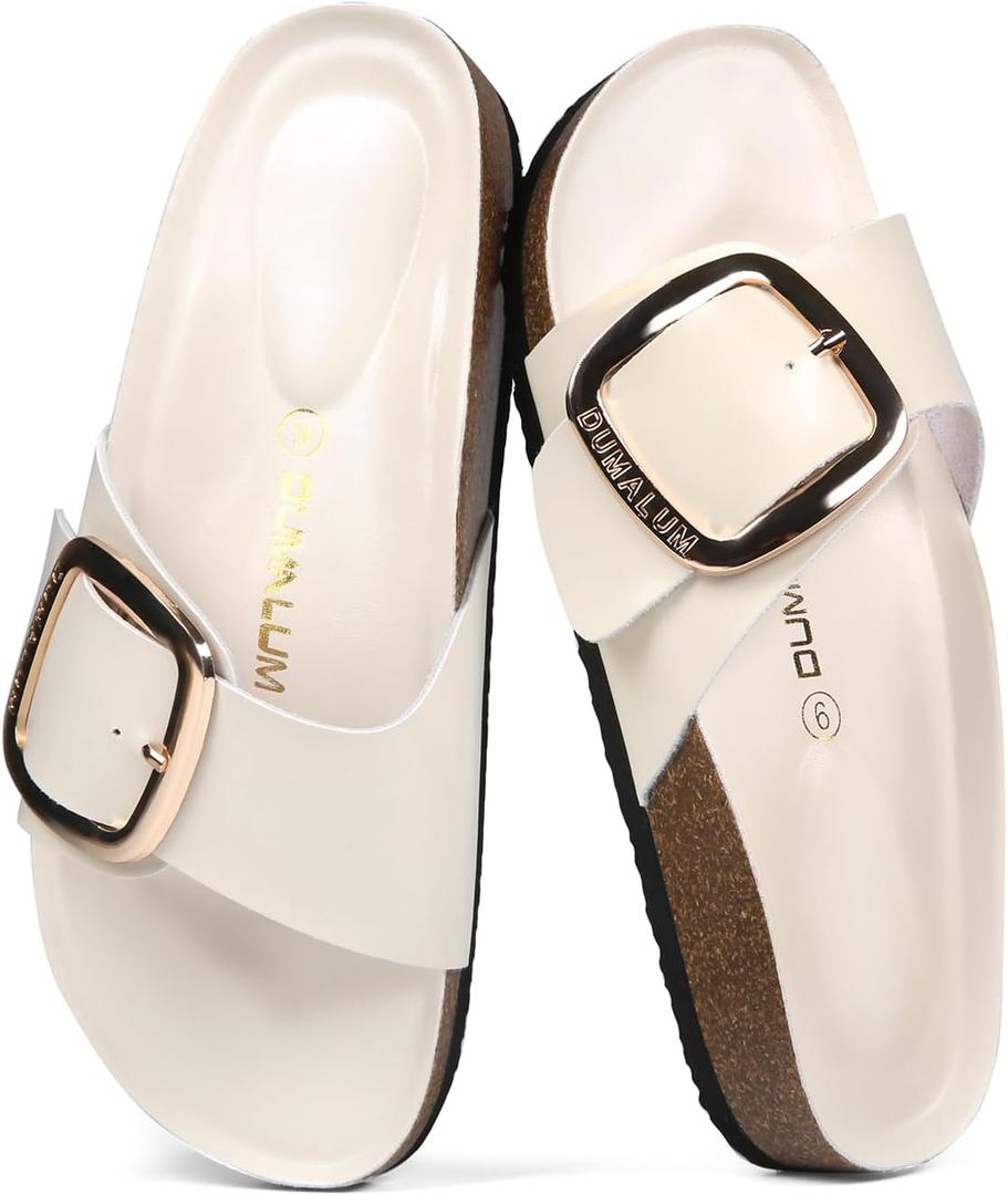 Dumalum Womens Slides Sandals Cork Footbed Flat Sandals Comfort Open Toe Buckle Flip Flops Slip On Home Slippers for Dressy Summer Beach Essentials (Beige)