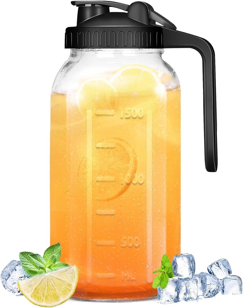 Glass Pitcher - 64 OZ Mason Jar Glass Jug Breast milk Containers, Wide MouthAirtight & Leakproof Pitcher with Pour Spout Lids for Water, Juice, Milk, Tea, Iced Coffee (Black)