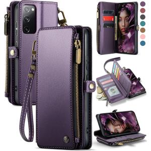 Defencase Compatible with Samsung Galaxy S20 FE 5G Case Wallet with RFID Blocking Card Holder for Women Men, PU Leather Magnetic Snap Flip Zipper Strap Wallet Phone Case Fit for Galaxy S20 FE, Purple