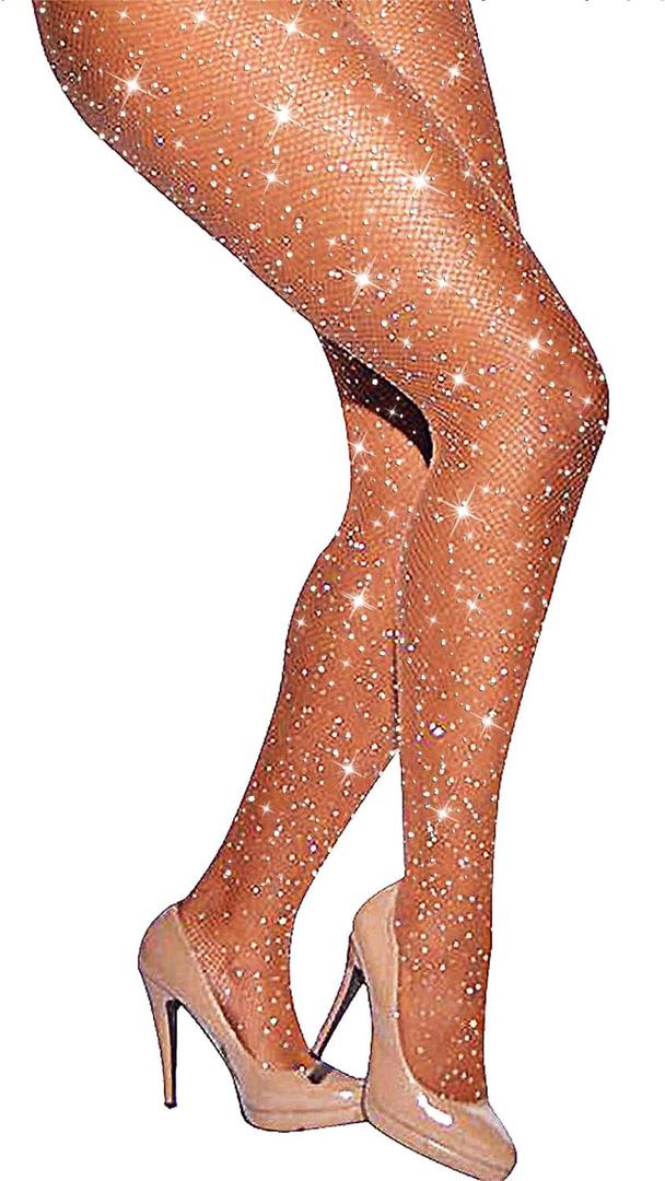 LUCKELF Sexy High Waist Tights Sparkle Rhinestone Fishnets Party Rhinestone Mesh Stockings (Natural)