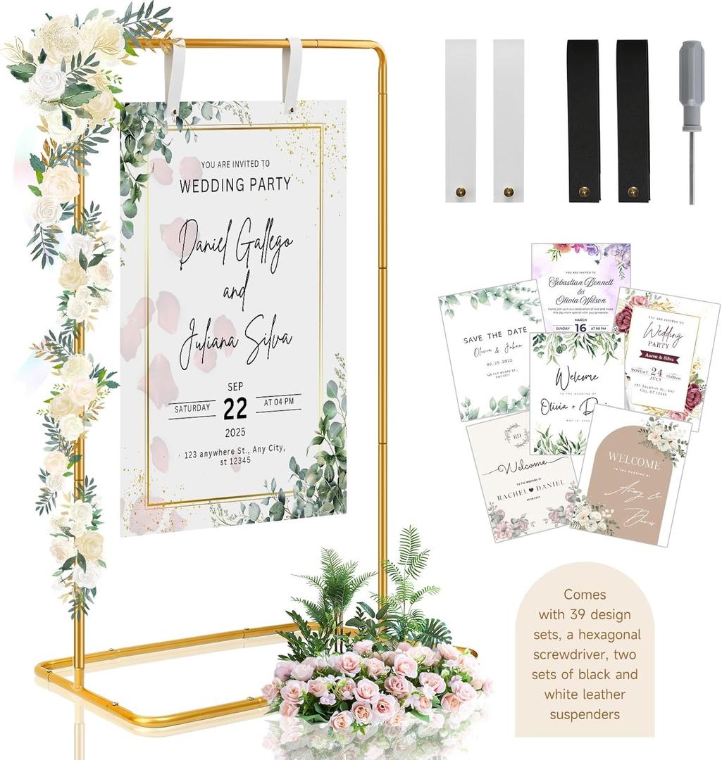 Wedding Sign Holder, 68x31x 20 Welcome To Our Wedding Sign Display Stand with 39 Premium Templates&Leather Straps, Heavy Duty Easel Stand Sturdy Display for Wedding, Birthday, Anniversary