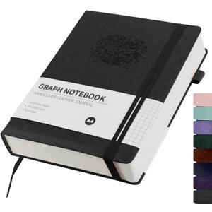 Graph Paper Notebook 8.5x11 Hardcover Leather Journal For Women,365 Pages Graph Journal A4 Black Graphing Notebook for Work, School,Engineering,Thick Grid Notebook For Men