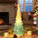 Light Up Mercury Glass Christmas Tree with Timer, Battery Operated Tabletop Christmas Tree with Sparkling Glitter for Christmas Holiday Decoration, Festive Decor Gift with Led Light (Gold & Green)