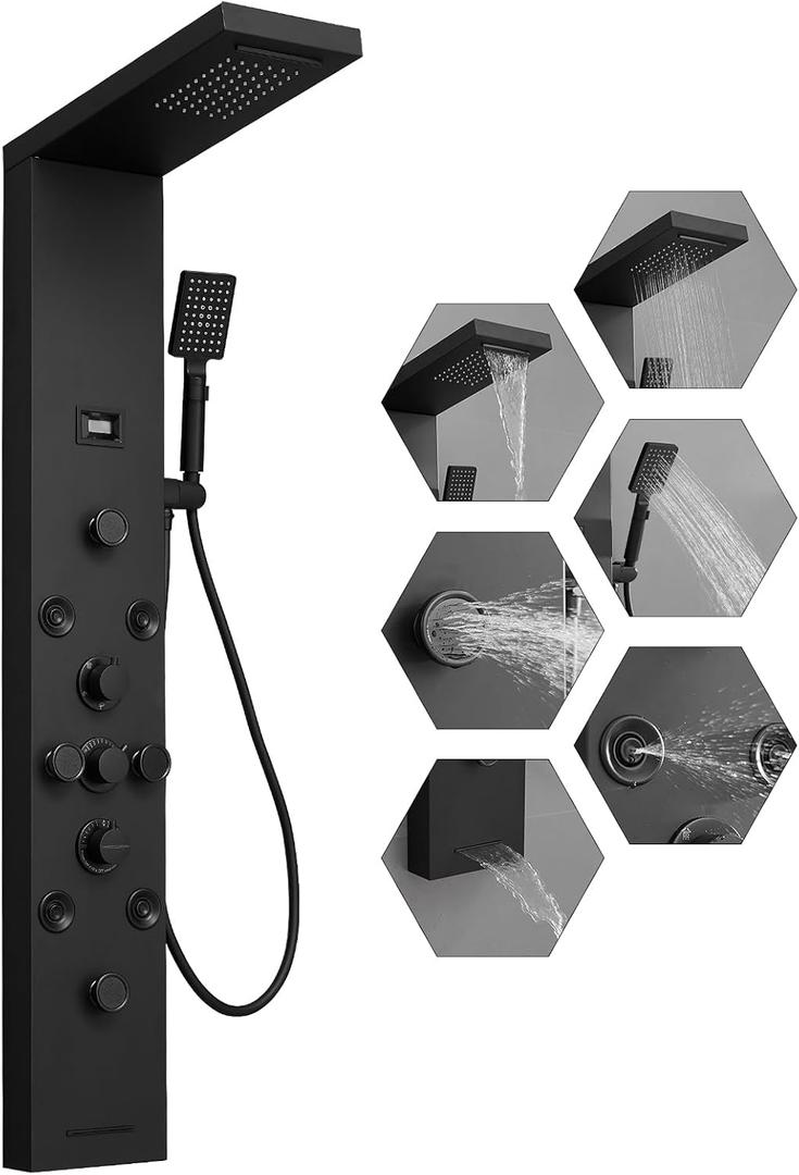 Shower Panel Tower System, Stainless Steel Multi-Function Shower Panel, Shower Tower with 5 Body Jets Handheld Shower Wand Tub Spout and Rainfall Head Temperature Display, Black
