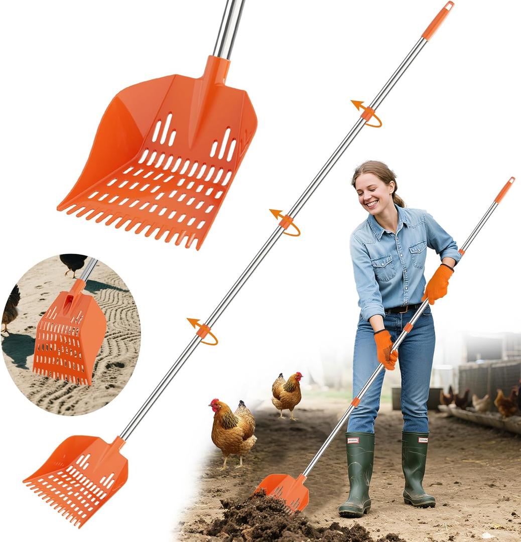 Chicken Poop Scooper with Rake - Lightweight Chicken Coop Scooper for Small Farm Animals - Sand Sifting Shovel with Adjustable Long Handle (38-67'') - Easy to Use for Women & Seniors