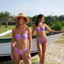 VOLAFA Women's Triangle Bikini Set Strapless Textured Bandeau Solid Cheeky Two Piece Swimsuit Bathing Suit (Small, Purple Plaid) (S)