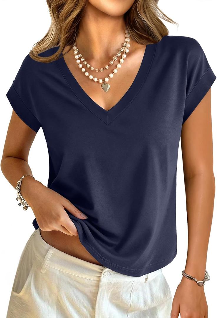 Womens Cotton Tops Cap Short Sleeve Crop V Neck T Shirts Boxy Casual Basic Spring Summer Tee (Small)