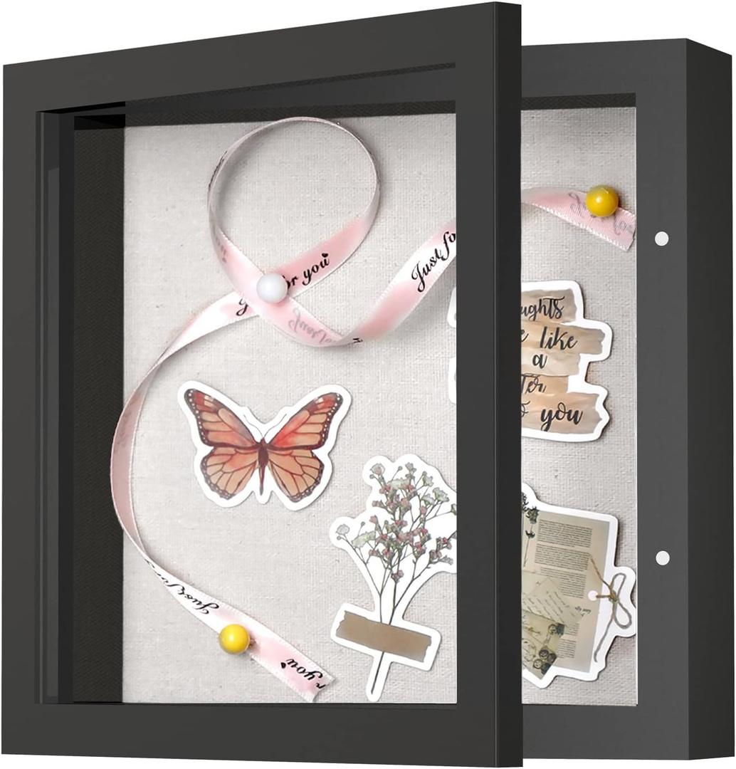 8x8 Shadow Box Frame with Linen Back - Sturdy Rustic Memory Display Case of Flower, Pictures, Medals and More, Black
