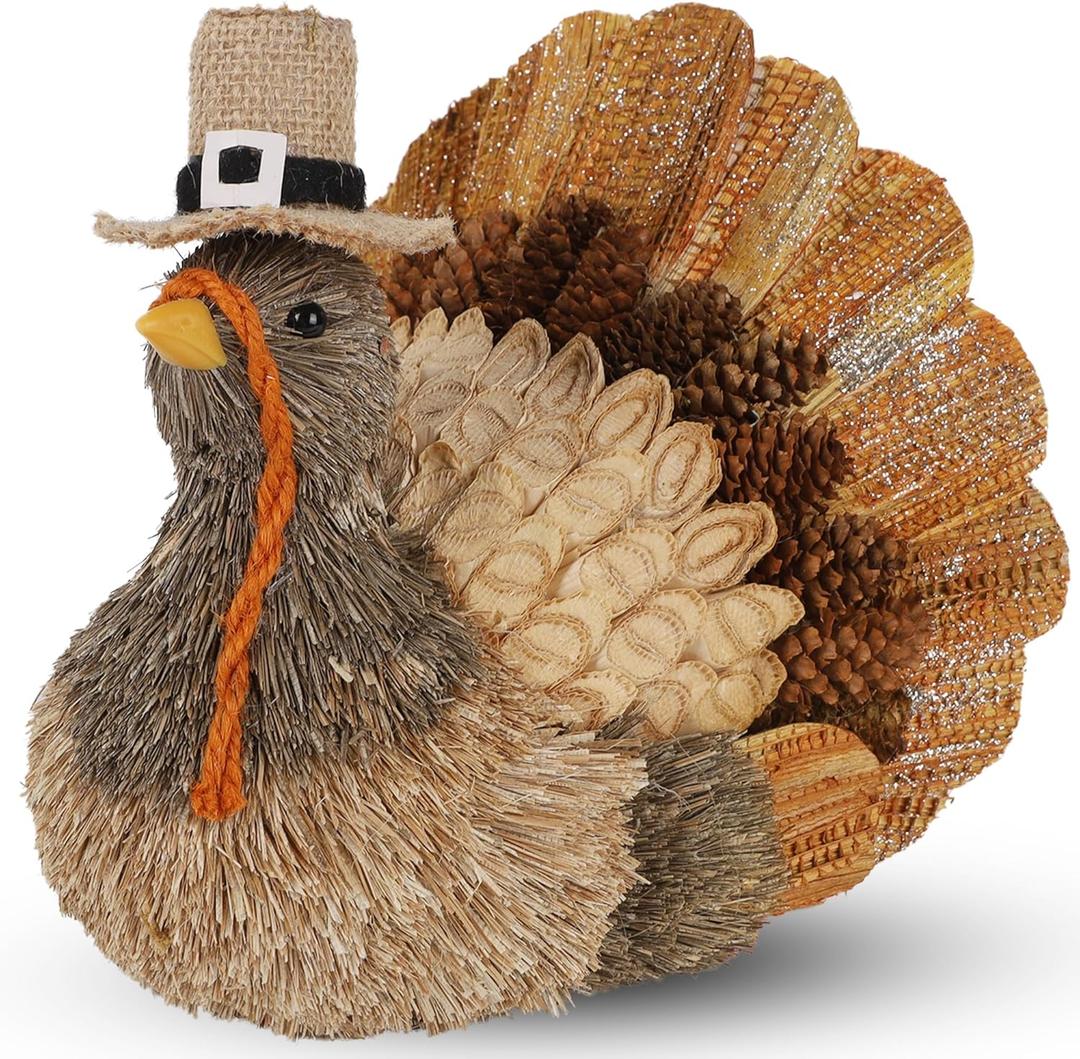 Winemana Thanksgiving Turkey Decor 7.9" Tall Sisal Turkeys Table Centerpiece with Top Hat, Fall & Harvest Home Decor, Thanksgiving Decorations Indoor
