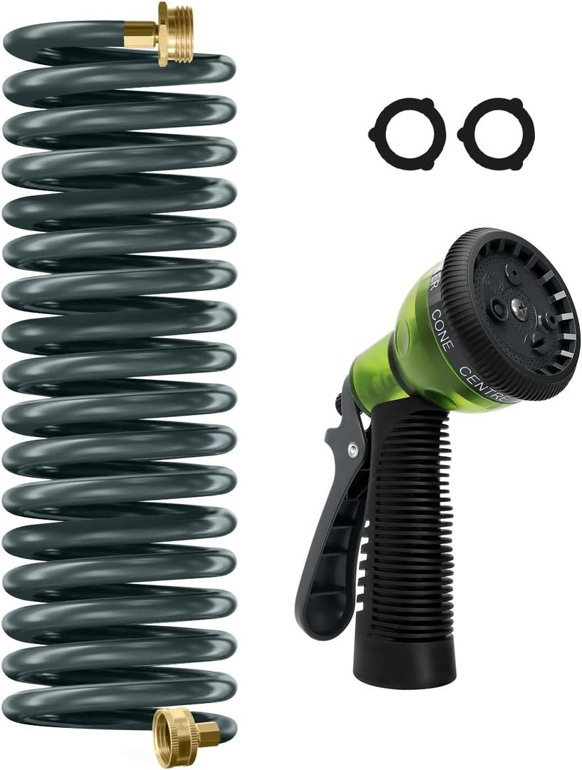 Coil Hose 15FT EVA Coil Garden Hose With 3/4'' Brass Connector Coiled Water Hose Lightweight And No Kink Includes 7 Patterns Spray Nozzle For Outdoors Lawn Watering Car Washing (Gray)
