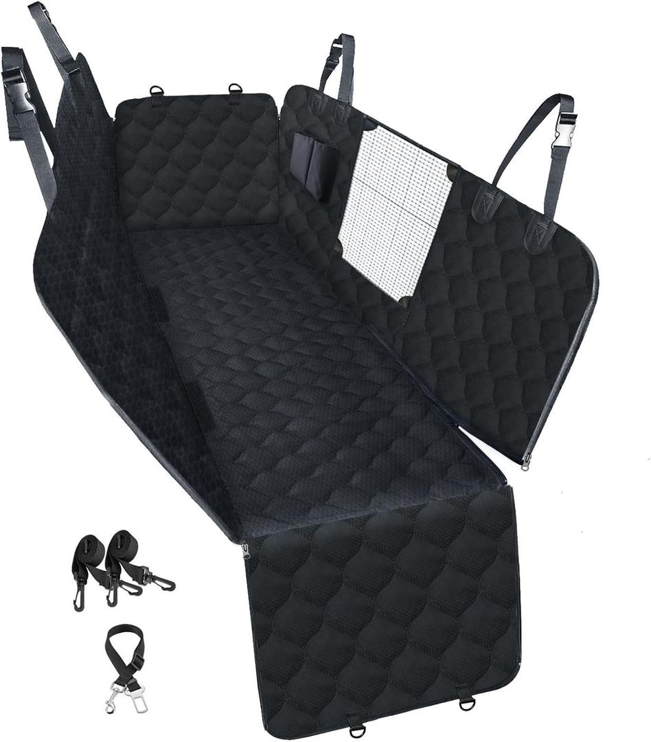 Waterproof quilted black pet rear seat cover hammock with side flaps and a mesh window. 52"L-19" W