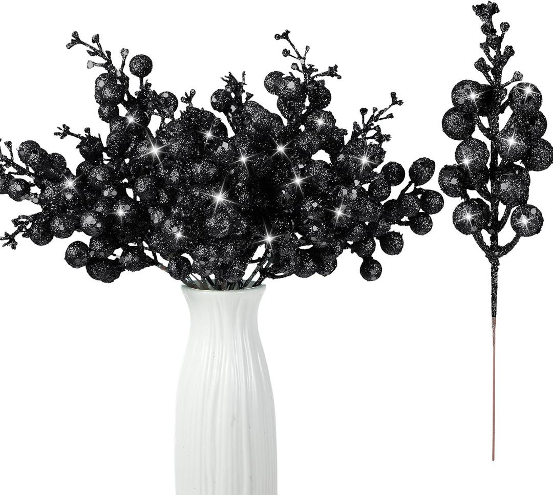 Geosar 36 Pcs Christmas Glittered Berries Stems 7.9 Inch Artificial Berries Sprays Branches Floral Pick for Christmas Tree Ornament, DIY Xmas Wreath, Crafts, Home Decor(Black,Pure Color)
