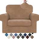 WEERRW Velvet Stretch Chair Sofa Slipcover - 2 Pieces Luxury Soft Velvet Plush Couch Cover Furniture Protector with Elastic Bottom for Pets, Machine Washable, Camel, Small