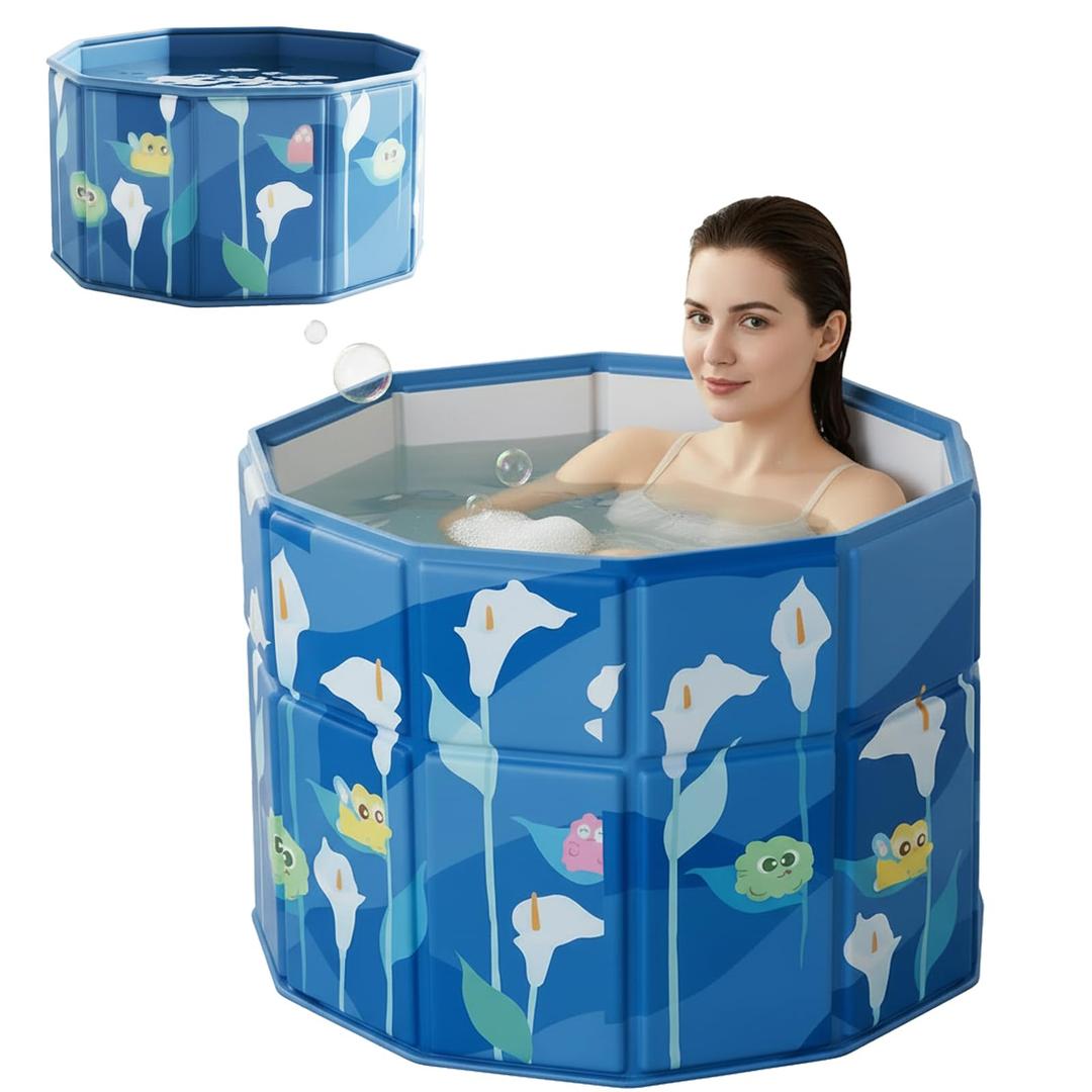 Portable Step-In Round Bathtub for Adults No Installation 27.5"L x 26.7"H Foldable Soaking Bath Tub for Shower Stall, Cold Plunge Collapsible Hot Ice Home SPA Tub (Blue, 27.5"L x 27.5"W x 26.7"H)