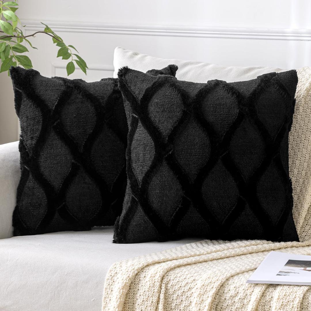 MIULEE Decorative Throw Pillow Covers Black 20x20 Inch Set of 2, Soft Plush Faux Wool Couch Cushion Covers Farmhouse Throw Pillows for Couch Bed Sofa Living Room