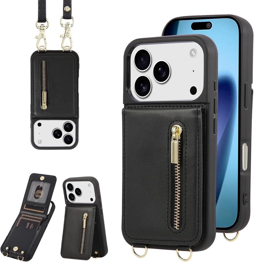Crossbody Wallet Case for iPhone 17 Pro, with Card Slots Zipper Pocket Case, Flip Folio Purse RFID Blocking with Detachable Strap-Black