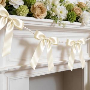 2 Strings White Bow Garland Banner, Pre-Strung Satin Ribbon with 6.5ft Pearl Chain for Bridal Shower, Wedding, Engagement, Bachelorette Party, Baby Shower, Graduation & Anniversary Decor