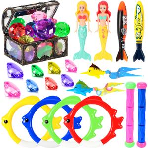VGOFUN Diving Pool Toys for Kids Ages 3-12, Swimming Pool Toys Water Sinking Toys with Diving Gem Pirate Treasure Chest, Mermaid Toys, Dive Rings Sticks Torpedo Storage Bag for Summer Party Favor