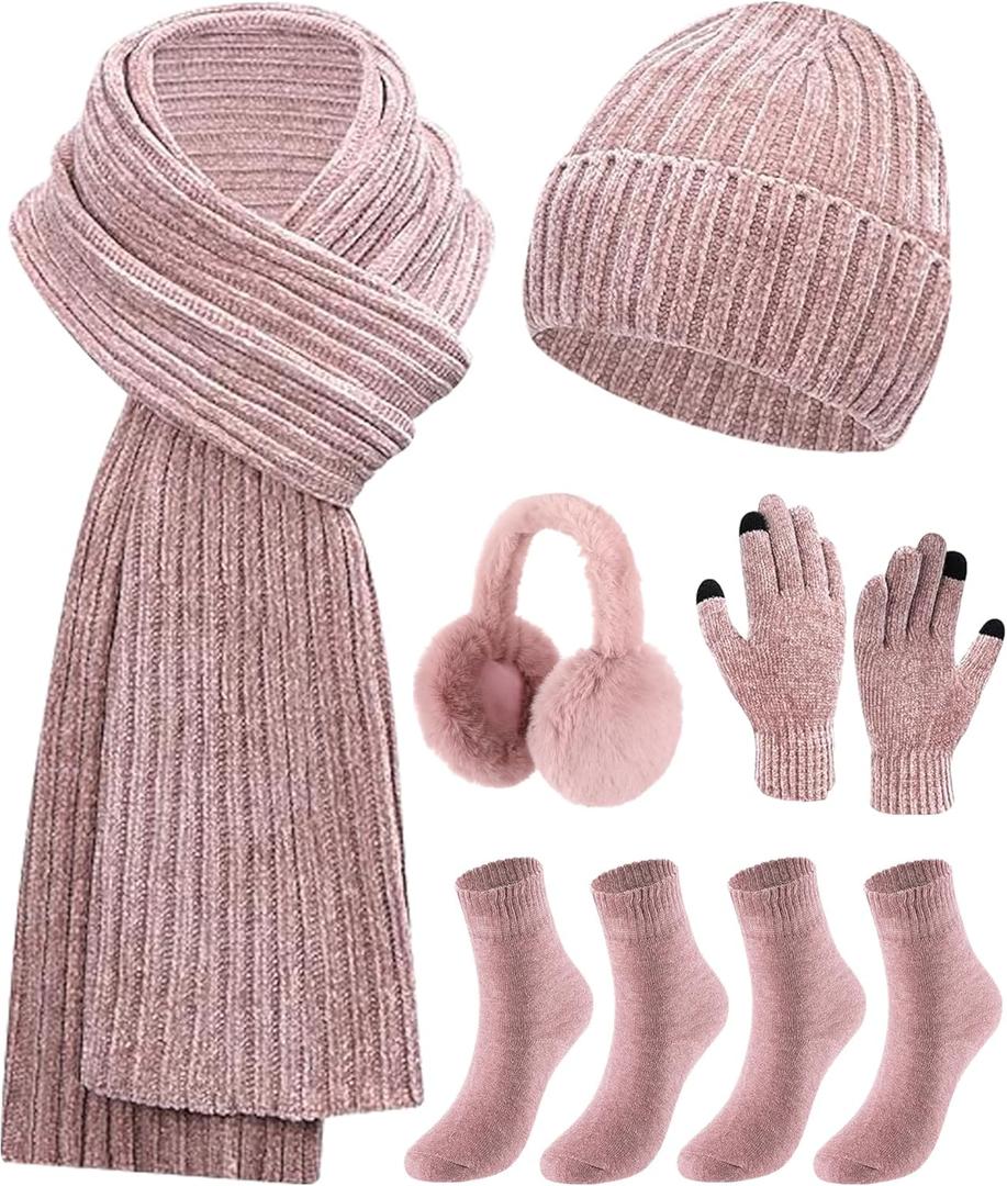 Geyoga 6 Pcs Winter Knit Set Beanie Hat Long Scarf Touchscreen Gloves Ear Muff Socks Warm Valentine Gift for Women Men Snow(Pink,Classic Style)