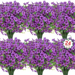 Ouddy Decor 24 Bundles Artificial Flowers for Outdoors Fake Silk Flowers UV Resistant Faux Plastic Plants for Spring Summer Garden Porch Window Box Table Vase Home Indoor Outdoor Decoration, Purple