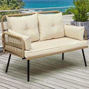 YITAHOME Patio Furniture Wicker Outdoor Loveseat, All-Weather Rattan Conversation for Backyard, Balcony and Deck with Soft Cushions (Light Brown+Beige), 44.9"L x 21.7"W x 31.1"H