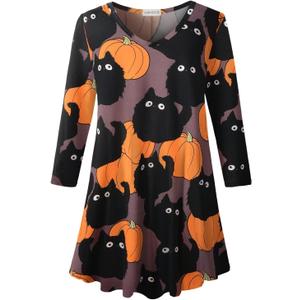 LARACE Tunics 3/4 Sleeve Plus Size Tops for Women V Neck Loose Fit Flowy Clothing for Leggings (Size: 4X Halloween_91purplepumpkincat)