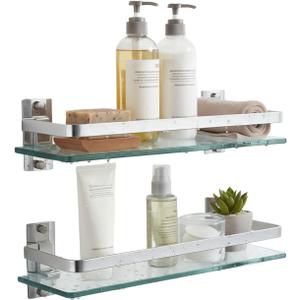 AIJALY 2 Pack Bathroom Glass Shelf,15.7 Inches Silver Bathroom Shower Glass Shelf Wall-Mounted, Metal Storage Floating Kitchen Shelf