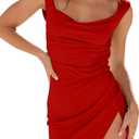 BEAGIMEG Women's Sexy Bodycon Sleeveless Ruched Backless Slit Tie Back Club Party Mini Dress (Red) S