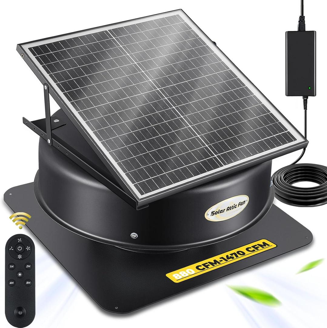 Hybrid Solar Attic Fan with Remote Control, 40 Watt Solar Powered Roof Vent Fan, 880-1470 CFM Exhaust Fan, 22x22x10