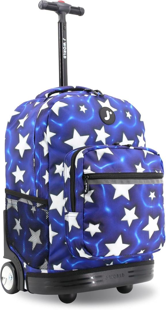 J World Sunrise Kids Rolling Backpack with Wheels for Girls Boys, Roller Bookbag for School, 18 x 13 x 9 Inches, Puffy Star