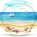 50 Count Nautical Beach Oval Paper Plates Platter 10" x 12" Disposable Sea Shells Ocean Serving Dish for Spa Party Baby Shower Summer Holiday Party Tableware Supplies Decor