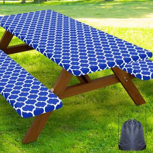 Smiry Picnic Table Cover with Bench Covers, Waterproof Elastic Fitted Tablecloth for 6 Foot Tables, Washable Polyester Tablecloths for Camping, Indoor & Outdoor (Blue, 30x72 Inch 3-pc Set)