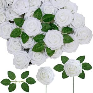 Winlyn 50 pcs Real Touch White Roses with Stems & Silk Leaves - Bulk Artificial Flowers for Weddings Centerpieces Floral Arrangements Baby Showers Birthday AnniversariesParty Decorations Crafts