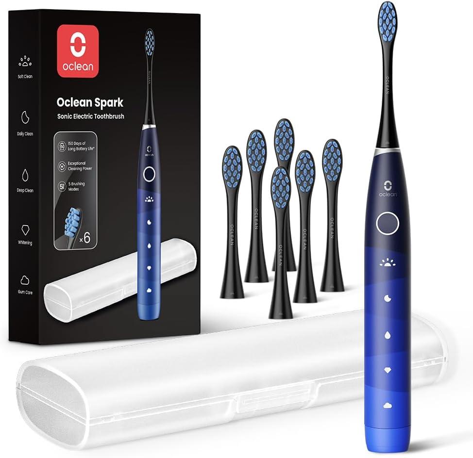 Oclean Electric Toothbrush for Adults, 150 Days Battery Life Electric Toothbrush, USB Rechargeable Sonic Travel Toothbrush with 6 Brush Heads & Travel Case, 5 Modes and Smart Timer (Blue)