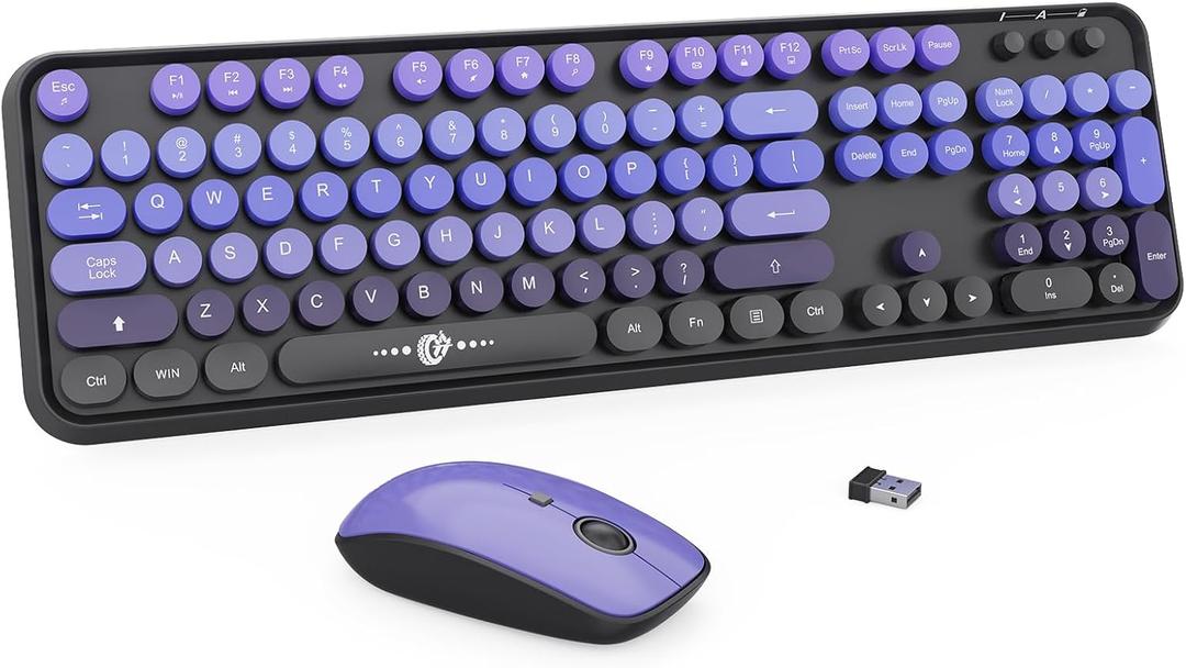 FD Wireless Keyboard and Mouse Combo | Cute Colorful Keyboard and Mouse with 2.4GHz Cordless Retro Typewriter Keyboard | Auto-Sleep | USB Receiver for Windows PC/Laptop - Black Purple Gradient