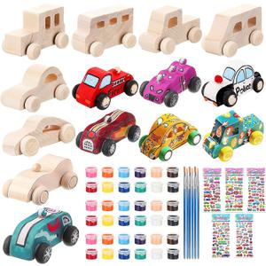 WOWOSS 14 Pcs Wooden Cars to Paint, Unfinished Wooden Craft Painting Toys for Students, Race Car Party Birthday Party Favors, with 3 Sets of Paint & 5 Car Sticker Sheets
