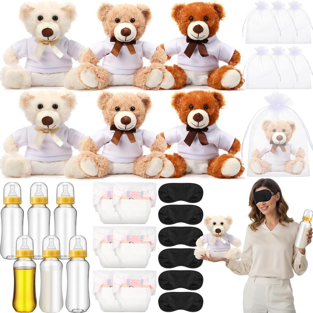 Soulchen 36 Pcs Bear Blindfolded Diaper Changing Baby Shower Games Kit 14 Inch Bear Dolls Diapers Bottle Chug Shirts Eye Mask for Gender Reveal Prize Guest Adult (Khaki, Brown, Beige)