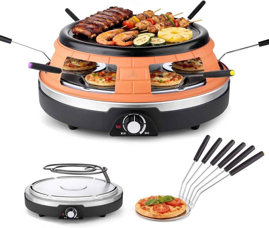 Multifunction Raclette Grill & Mini Pizza Oven, 1200W Electric Pizza Oven with Flat Griddle Top, Indoor Grill with 6 Mini Pizza Baking Slots, Temperature Control, Personal Pizza Maker, PM-01